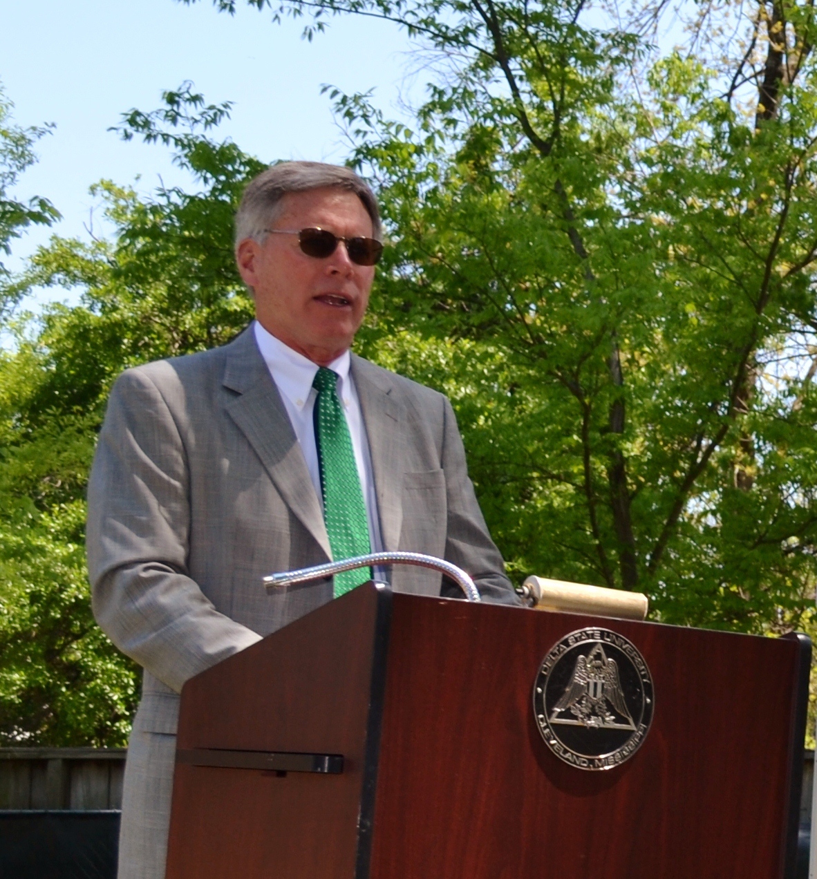 Delta State President William N. LaForge spoke during the Wiley Community Garden ribbon cutting ceremony, continuing his efforts for earth awareness. 